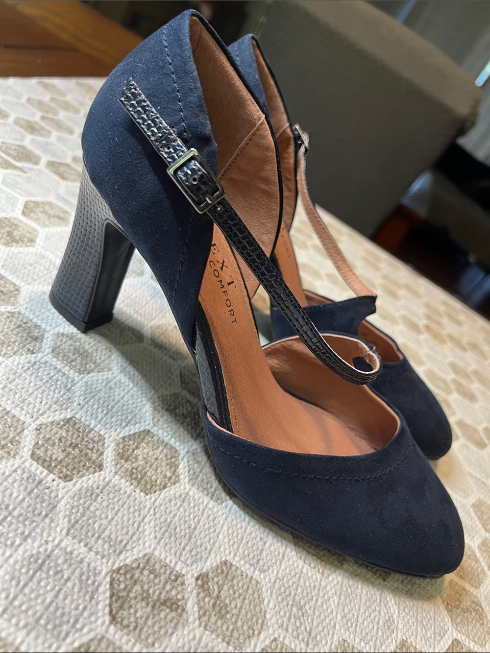 Comfort heels - Navy Suede Mary Jane Heels with Ankle Strap, size 7